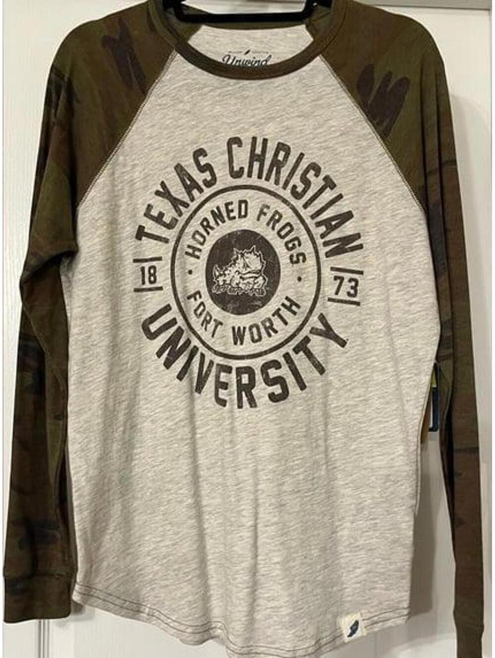 Unwind By League Vintage TCU Horned Frogs 1873 Camo sleeves Tee size S